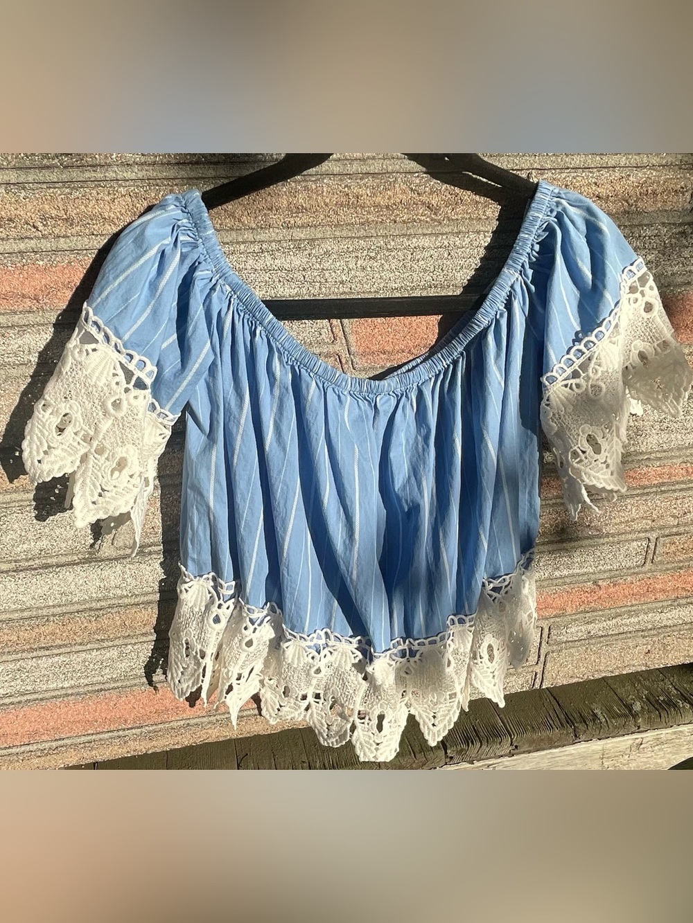 Love J Sky Blue/White Pinstriped Off-Shoulder Lace Hem Crop Top Large